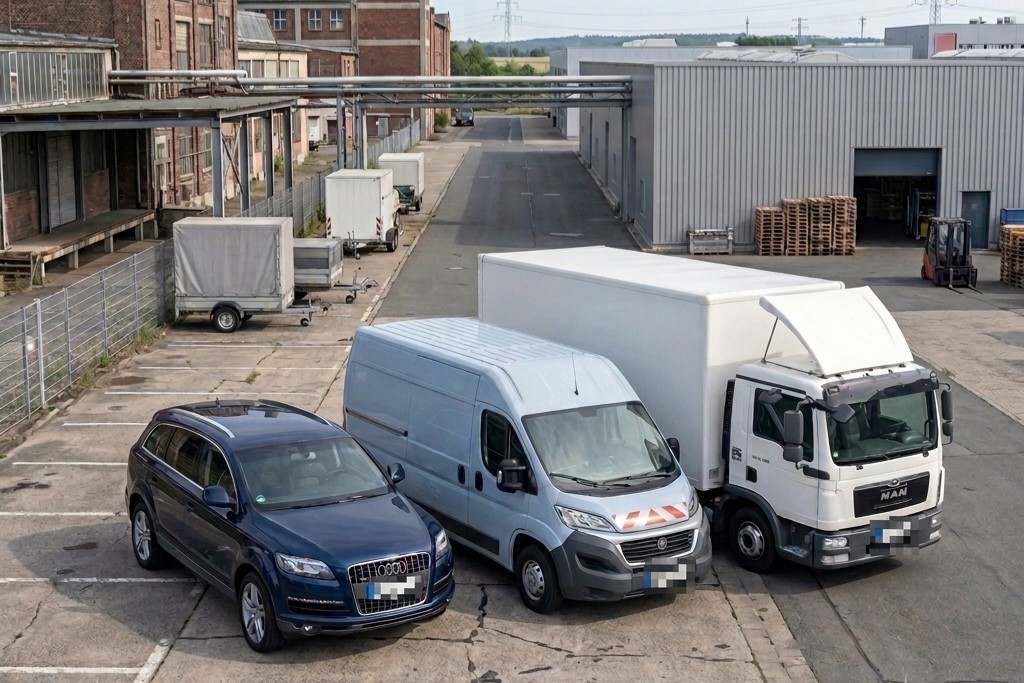 Der Fuhrpark der MP Transporte GmbH: Audi Q7, Fiat Ducato und MAN TGL 8.180 nebeneinander